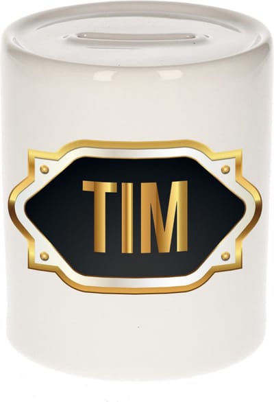 Spaarpot met voornaam Tim - wit - met goud/zwart embleem - 8 x 9 cm - keramiek - met afsluitdop - cadeau verjaardag
