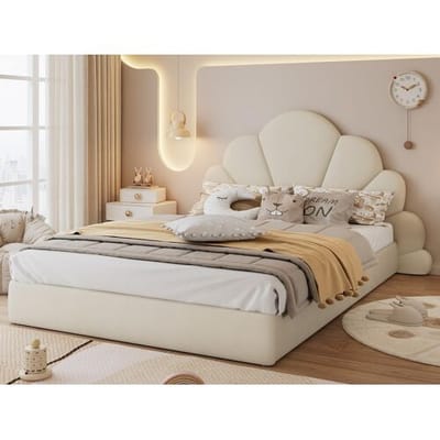 ModernLuxe Eenpersoonsbed 140x200 cm met fluwelen bekleding - bloemvormige hoofdeinde - met lattenbodem - Beige