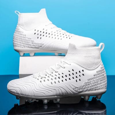 Chaussures de football à tige haute pour homme et enfant, ultra-légères, crampons pour gazon synthétique et futsal, chaussures de sport pour entraînement enfant 36 white
