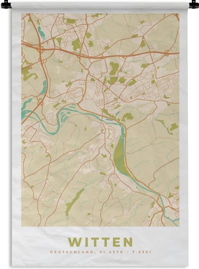 Wandkleed - Wanddoek - Witten - Plattegrond - Vintage - Kaart - Stadskaart - 120x180 cm - Wandtapijt