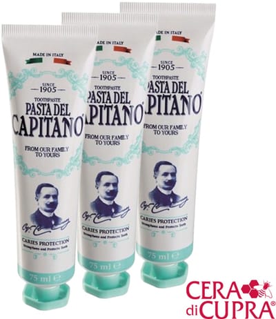 Pasta del Capitano 1905 - Caries Protection 3 tubes, € 8,95 per stuk, inclusief tubeknijper- de ideale oplossing tegen tandplak en gaatjes en houdt het tandglazuur mooi. Het bevat Sulfetal ZN® met antibacteriële werking