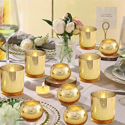Set van 12 Gouden Theelichthouders van Mercurylas voor Bruiloften, Feestdecoraties en Thuisinrichting