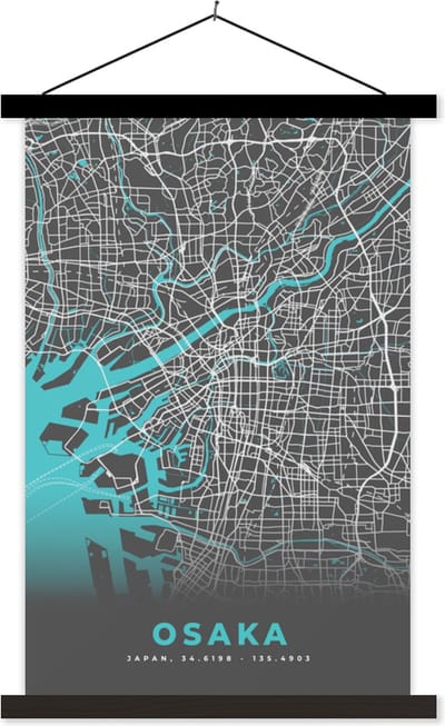 Posterhanger incl. Poster 40x60 cm - Schoolplaat - Osaka - Kaart - Stadskaart - Plattegrond - Blauw - Textielposter - Zwarte latten - Stadskaart