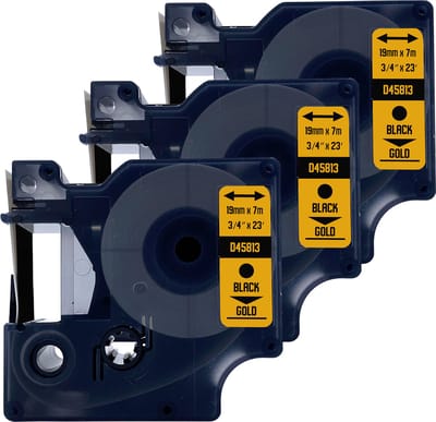 DULA Dymo D1 45813 Compatible label tape - 3 lettertapes - Zwart op goud - 19mm x 7m