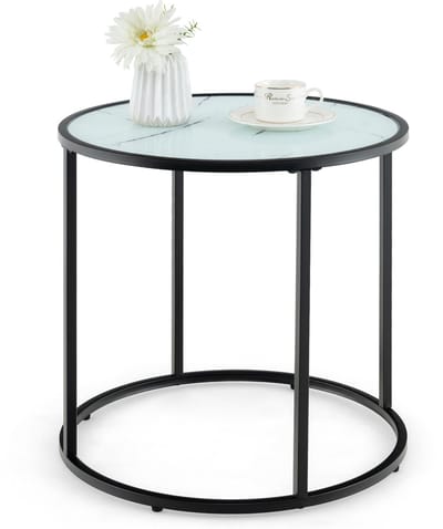 COSTWAY Bijzettafel, ronde salontafel, koffietafel met marmeren imitatie glasplaat en verstelbare poten, kleine salontafel voor woonkamer, slaapkamer, 50 x 50 x 50 cm
