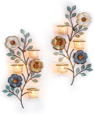 Set van 2 Wandkaarsenhouder Metaal Decoratie met Glazen Houders