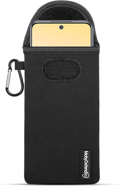 MobyDefend Hoesje - Geschikt voor Xiaomi Redmi Note 10 5G - Neopreen Pouch Met Karabijnhaak - Insteek - Riemlus - Zwart