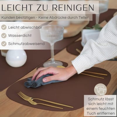 Candala - Set van 6 placemats van kunstleer, afwasbaar en waterdicht, placemats in lederlook (walnoot, ovaal met houder)