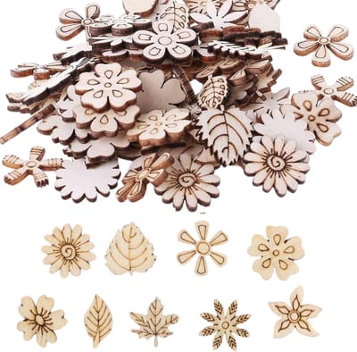 Houten ornamenten - 50 stuks - Decoratieve diverse houten Bloemetjes en Blaadjes - 15 tot 25 mm