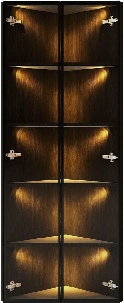 LED vitrinekast 62x35x160cm – Buitenkant van eikenhout, geïntegreerde LED-verlichting, stofvrije kast van gehard glas, hoekvitrine met deur – Verzamelkast, boekenkast, wijnkast, badkamermeubel-Zwart