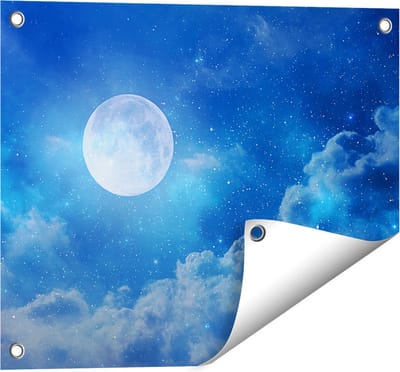 Gards Tuinposter Volle Maan in de Blauwe Hemel met Sterren - 50x40 cm - Tuindoek - Tuindecoratie - Wanddecoratie buiten - Tuinschilderij