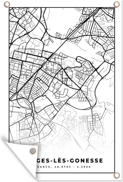 Muurdecoratie Stadskaart - Plattegrond - Kaart - Garges-lès-Gonesse - Frankrijk - Zwart wit - 120x180 cm - Tuinposter - Tuindoek
