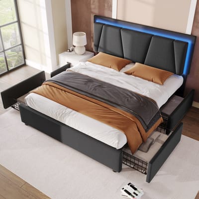 MEUNIQ gestoffeerd tweepersoons bed 140x200 cm met LED-verlichting, 4 lades, verstelbaar hoofdbord, houten lattenbodem en opbergruimte voor slaapkamer, grijs
