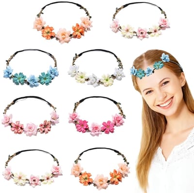 Dailygoods- Bloemenkrans - Bloemenkroon - Hoofdband - 8 Stuks - Geschikt voor Dames - Duurzaam Materiaal - Perfect voor Feestjes - Haarband