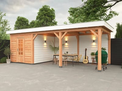Douglas overkapping, 750 x 300, met schuur en achterwand, Westwood Holland Basic