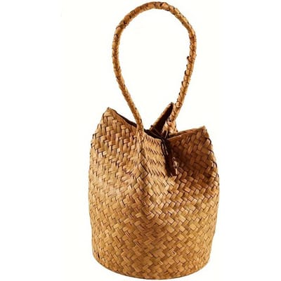 Mini Dames Vintage Boheemse Emmer Tas | Natuurlijk Beige, Gemakkelijk Schoon te Maken Geweven Textuur, Geplooide Design, Duurzaam Weefsel, Kleine Handtas 1pc brown