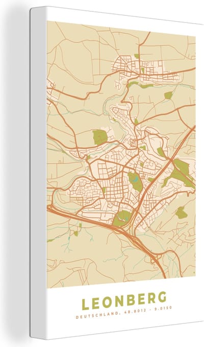 Canvas Schilderij Plattegrond - Vintage - Leonberg - Kaart - Stadskaart - 20x30 cm - Wanddecoratie