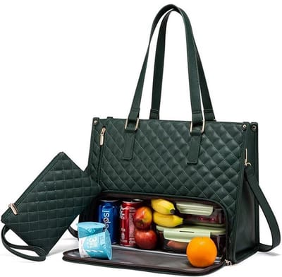 Lunch Tas, 2-in-1 Lunch Tas Handtas Combinatie, 15,6-inch Handtas Met Geïsoleerde Lunch Kamer, Lunch Tas, Vrouwen Koeltas, School Kantoor Isolatie Tas (Donkergroen)