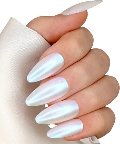 SD Press on Nails - B-109 - Plaknagels - Nagelset 20 Nagels - Pearly White Aurora Witblauw - Gellak - Nagellak - Lang Stiletto Nageltips - Nepnagels met Lijm - Kunstnagels - Nail Art - Handmade - Valse nagels - Nagelvijl - Accessoires - Lange Nagels