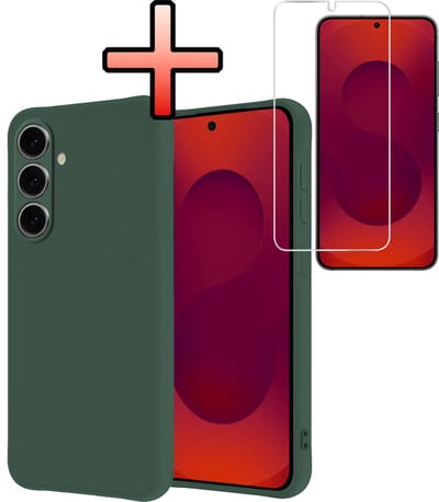 Hoesje - Met Screenprotector - Geschikt voor Samsung Galaxy S25 - Sterk & Shockproof - Back Cover - Siliconen Case - Telefoon Hoes - Donkergroen