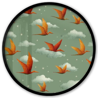 Poster in lijst Rond - Fotolijst 40x40 cm - Posters - Dinosaurussen - Wolken - Sterren - Oranje - Ronde posterlijst zwart - Decoratie - Wanddecoratie woonkamer - Muurdecoratie slaapkamer