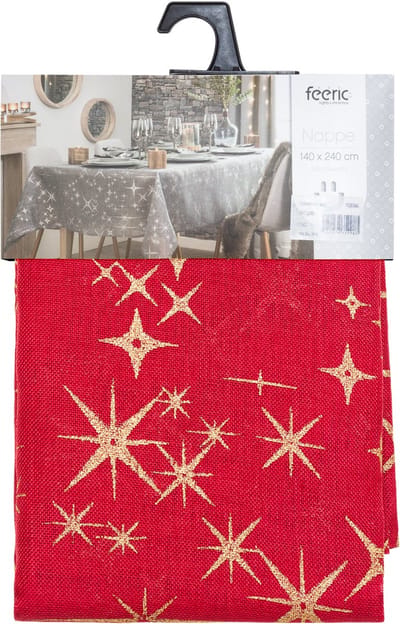 Feeric Tafelkleed/tafellaken - 2x - rood - gouden sterren - 140 x 240 cm - katoen - rechthoekig
