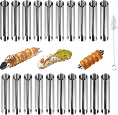EXCITAT Cannoli bakvormen - 21-pack - Rechte spuitmond Cannoli - RVS Cannoli buisjes - Cake & gebak spiraalvormige bakvormen - Met reinigingsborstel - 12,5 x 2,5 cm
