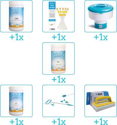Zwembad Onderhoudspakket - Onderhoud Zwembad - bevat Chloor - Testrips - Chloordrijver - PH-min - PH-plus - Schoonmaakset en Scrubborstel (7-delig)