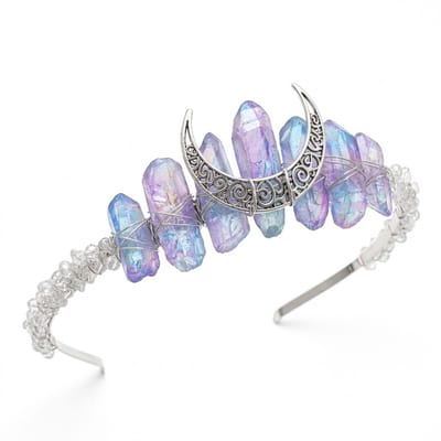 Blauw roze kristallen tiara met zilverkleurige maan hanger – diadeem voor dames – iriserende hoofdband met edelsteen look en maanmotief – geschikt voor festivals, feesten en fotoshoots