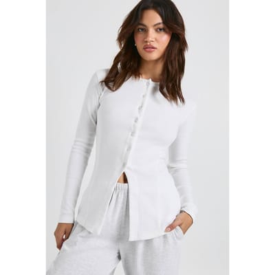 boohoo Dames Geribbelde top in longline-stijl met knoopsluiting aan de voorzijde | Wit | Maat: 34