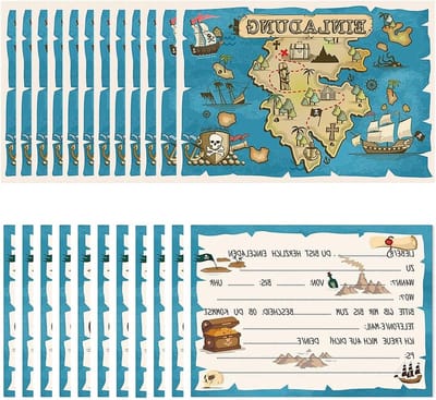 Piraten Uitnodigingen - Verjaardagskaarten Schatkaart - Kinderfeestjes - 12 Stuks Compleet - 10.8 x 15.3 cm - Blauw