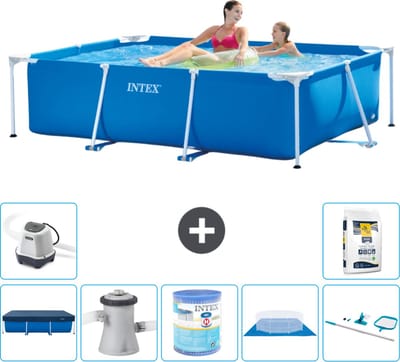 Intex Rechthoekig Frame Zwembad - 220 x 150 x 60 cm - Blauw - Inclusief Afdekzeil - Zwembadfilterpomp - Filter - Grondzeil - Schoonmaakset - Zoutwatersysteem - Zwembadzout - 8-delig