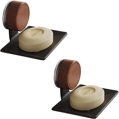 Set van 2 Aluminium Zeepbakjes met Walnoot Zuignap - Geen Boren, Zelf Leeglopend met Gaten voor Glas, Spiegel en Metaal (Badkamer en Keuken)