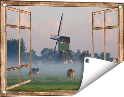 Gards Tuinposter Doorkijk Landschap met Koeien - 60x40 cm - Tuindoek - Tuindecoratie - Wanddecoratie buiten - Tuinschilderij