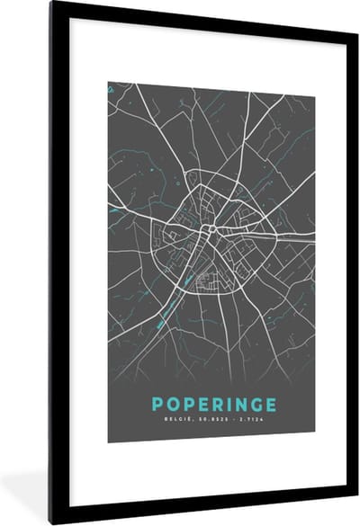 Fotolijst incl. Poster - Plattegrond – Poperinge – Blauw – Stadskaart - Kaart - België - 60x90 cm - Posterlijst