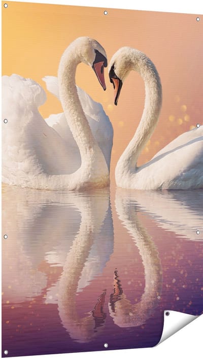 Gards Tuinposter Zwanen Koppel in een Hart Vorm - 100x150 cm - Tuindoek - Tuindecoratie - Wanddecoratie buiten - Tuinschilderij