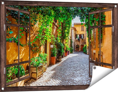 Gards Tuinposter Doorkijk Straatje in Rome met Groene Planten - 90x60 cm - Tuindoek - Tuindecoratie - Wanddecoratie buiten - Tuinschilderij