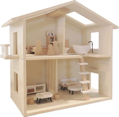 Houten Poppenhuis - Kinderhuis Speelhuisje - Uren Speelplezier - Inclusief Meubels - 48.5x23.5x40.5 cm - Houtkleur