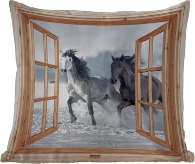 Tuinkussen - Doorkijk - Paarden - Winter - Dieren - Natuur - Hout - 40x40 cm - Weerbestendig