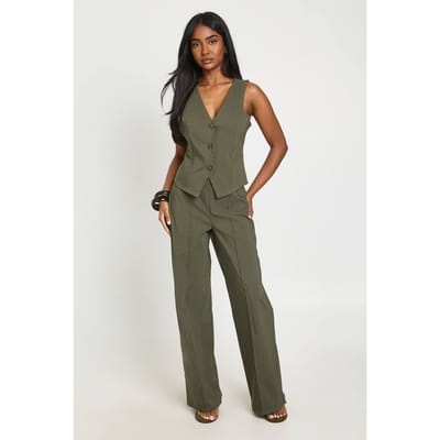 boohoo Dames Super Stretch Gilet & Rechte Broek Met Voornaad | Kaki | Maat: 36