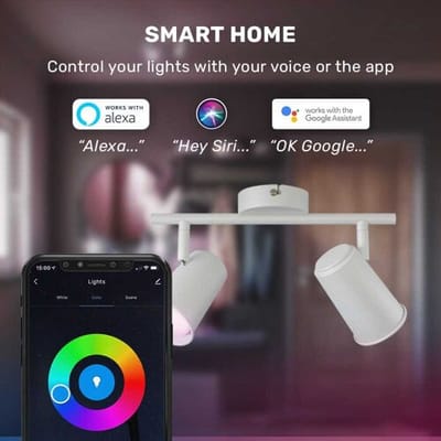 Riga - LED smart plafondlamp - 2 spots - 10 Watt 800 Lumen - Draaibaar en kantelbaar - GU10 - RGBWW - Wifi + Bluetooth - Google Home, Amazon Alexa en Siri - Wit - Bestuurbaar via App en Stem