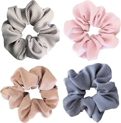Scrunchie 4 stuks extra groot exclusief - haarwokkel haarelastiek - roze koper donkerblauw lichtbruin - luxe ruitjes scrunchies - Kraagjeskopen.nl
