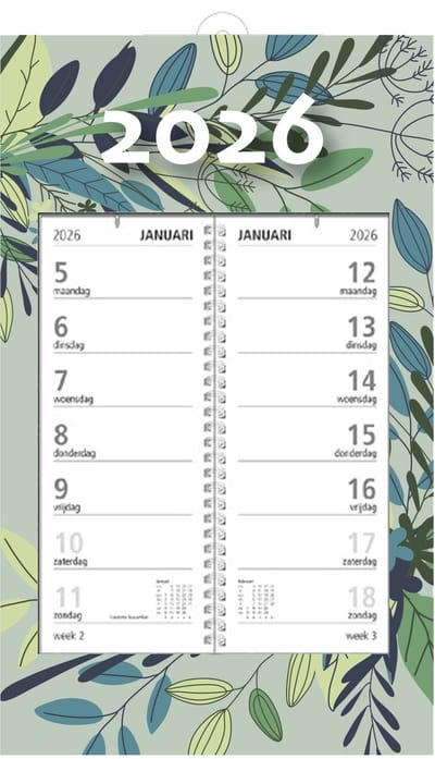 MGPcards - Omlegweekkalender 2026 - Week begint op maandag - 21 x 34 cm - Bladeren - Groen