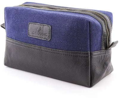 JAG Shaving blauwe toilettas voor mannen en vrouwen | Reistoilettas van echt leer en canvas | Organizer voor cosmetica en verzorgingsproducten