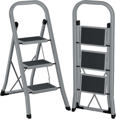 Famanu - Trapladder met 3 treden, vouwtrap met brede antislip pedalen en klapbeveiliging, duifgrijs