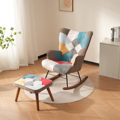 Merax Schommelstoel met Voetensteun – Patchwork Design – Relaxstoel van Massief Hout en IJzer – Unieke Bontlook voor Stijl en Comfort