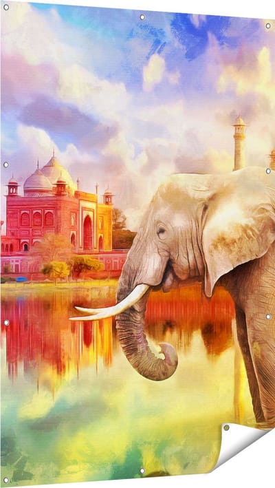 Gards Tuinposter Getekende Olifant bij Taj Mahal - Abstract - 100x150 cm - Tuindoek - Tuindecoratie - Wanddecoratie buiten - Tuinschilderij