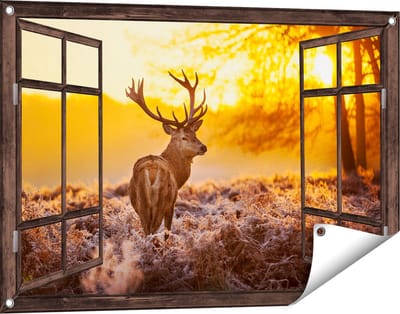 Gards Tuinposter Doorkijk Hert in Bos tijdens de Zonsopkomst - 90x60 cm - Tuindoek - Tuindecoratie - Wanddecoratie buiten - Tuinschilderij
