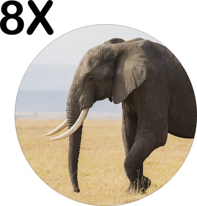 Luxe Ronde Placemat - Lopende Olifant in het Wild - Set van 8 Placemats - 50x50 cm - 2 mm dik Vinyl - Anti Slip - Afneembaar