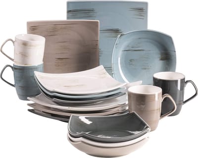 Serie Derby Premium serviesset - vierkante borden - 4 personen - gastronomiekwaliteit - 16-delig - modern combiservies - bonte pastelkleuren - duurzaam porselein